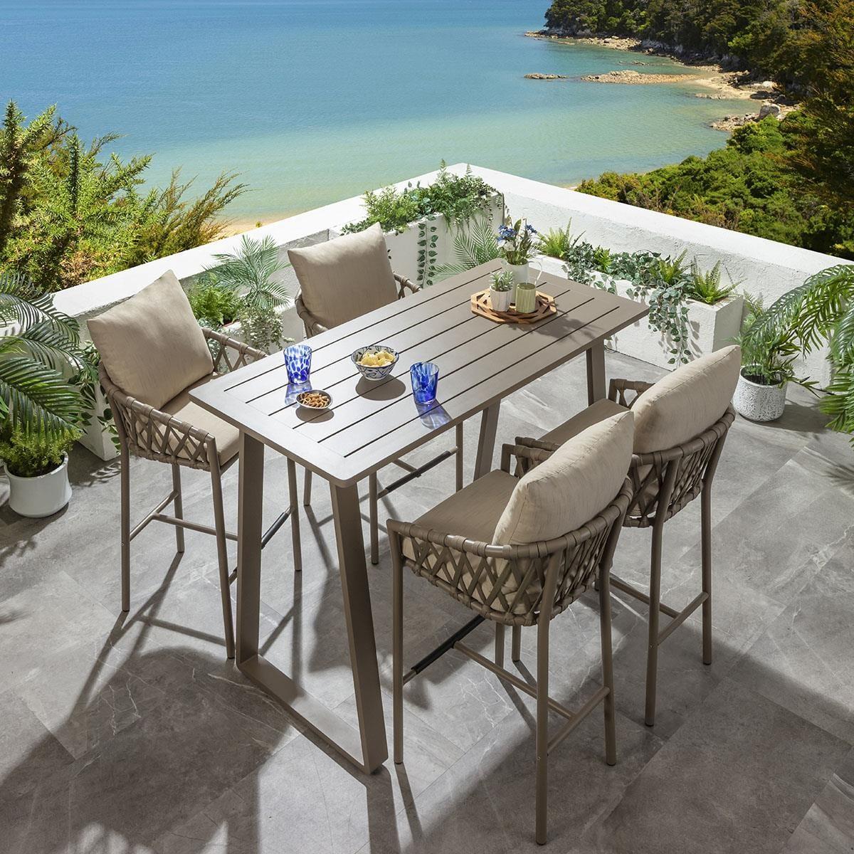 Outdoor 4 Seater Tall High Table & Stool Garden Bar Set Beige Aluminium – image 3