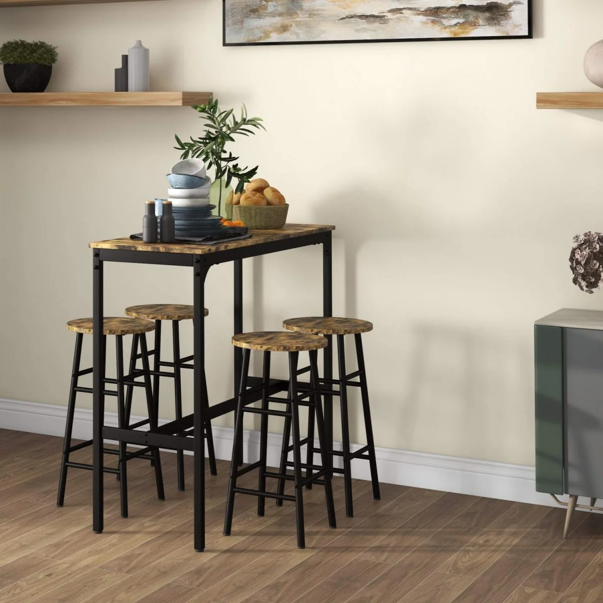 - Tonayo Wooden Rustic Brown 5-Piece Industrial Bar Table and Stool Set – image 5