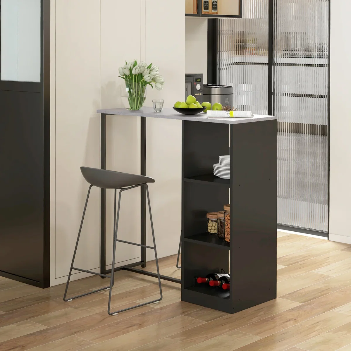 HOMCOM Breakfast Bar Table with 3-Tier Storage Shelf and Wine Rack - Black – image 2