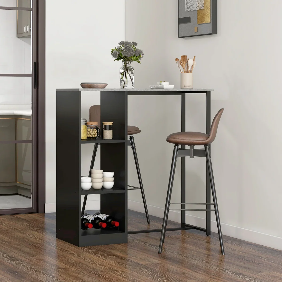 HOMCOM Breakfast Bar Table with 3-Tier Storage Shelf and Wine Rack - Black – image 4