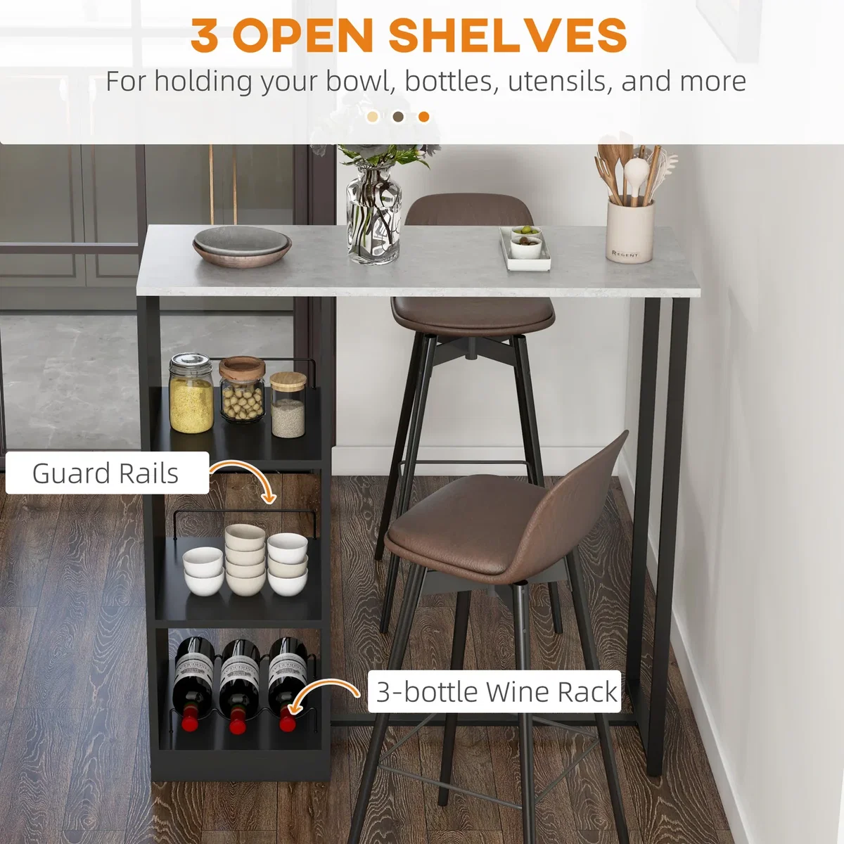 HOMCOM Breakfast Bar Table with 3-Tier Storage Shelf and Wine Rack - Black – image 5
