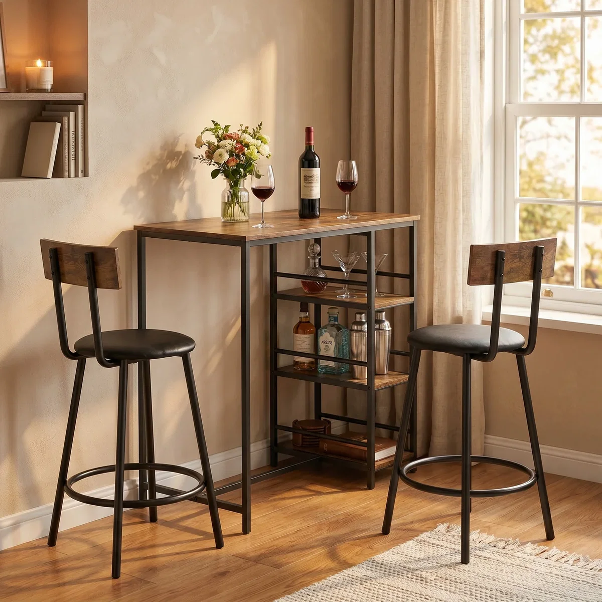 HOMCOM 3 Piece Breakfast Bar Table Set with Shelves Space Saving - Rustic Brown – image 3