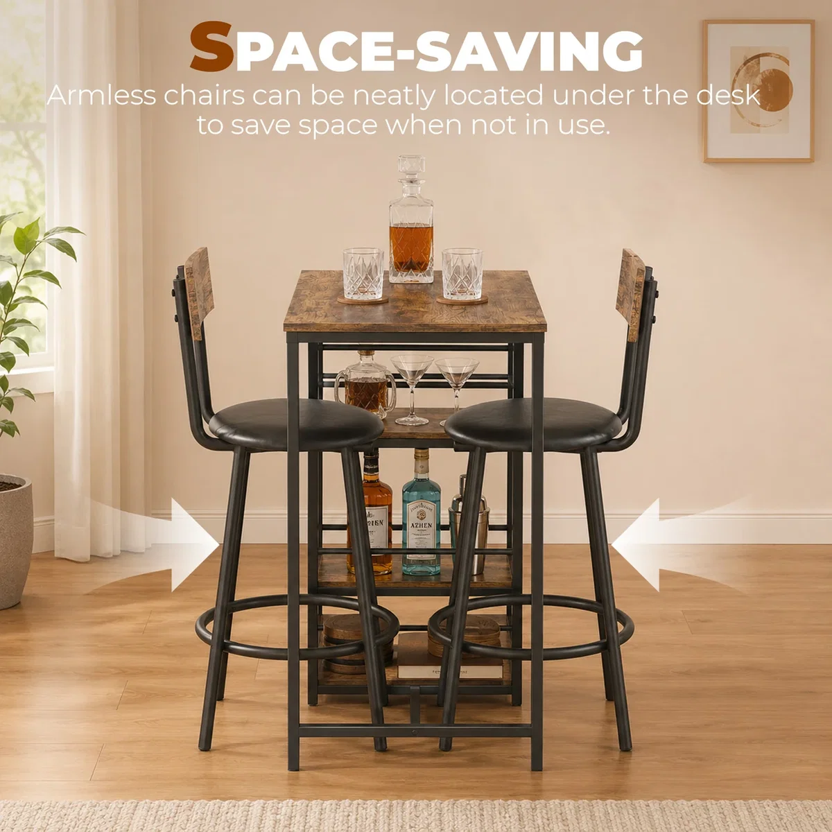 HOMCOM 3 Piece Breakfast Bar Table Set with Shelves Space Saving - Rustic Brown – image 4