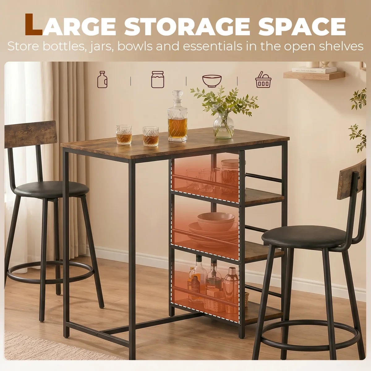 HOMCOM 3 Piece Breakfast Bar Table Set with Shelves Space Saving - Rustic Brown – image 5