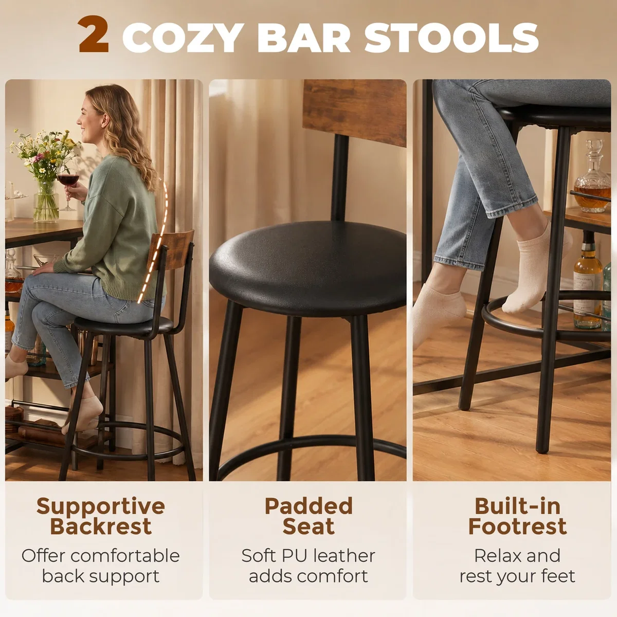 HOMCOM 3 Piece Breakfast Bar Table Set with Shelves Space Saving - Rustic Brown – image 6