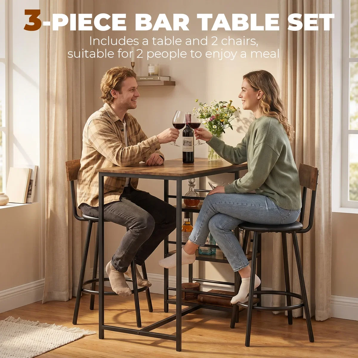 HOMCOM 3 Piece Breakfast Bar Table Set with Shelves Space Saving - Rustic Brown – image 7