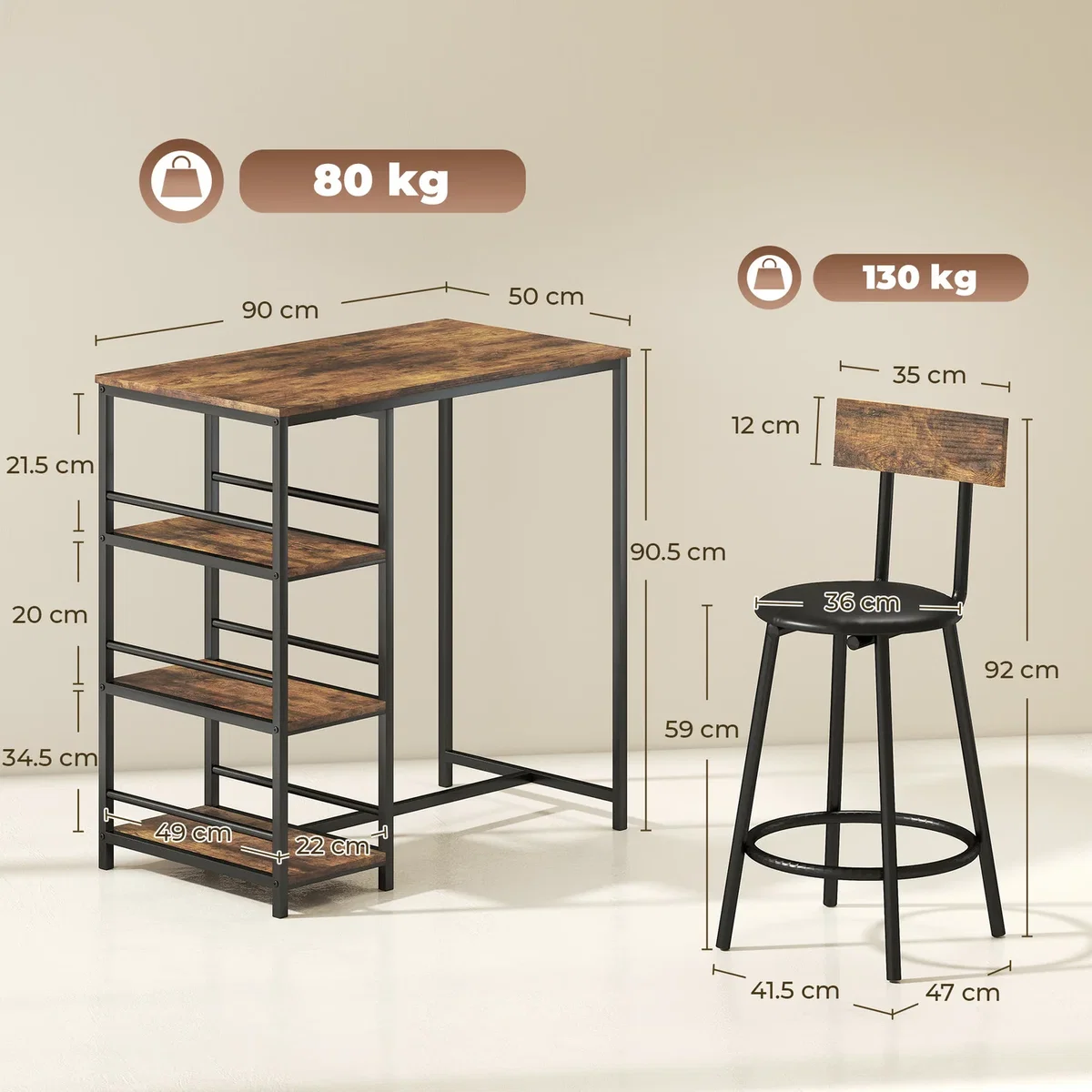 HOMCOM 3 Piece Breakfast Bar Table Set with Shelves Space Saving - Rustic Brown – image 8