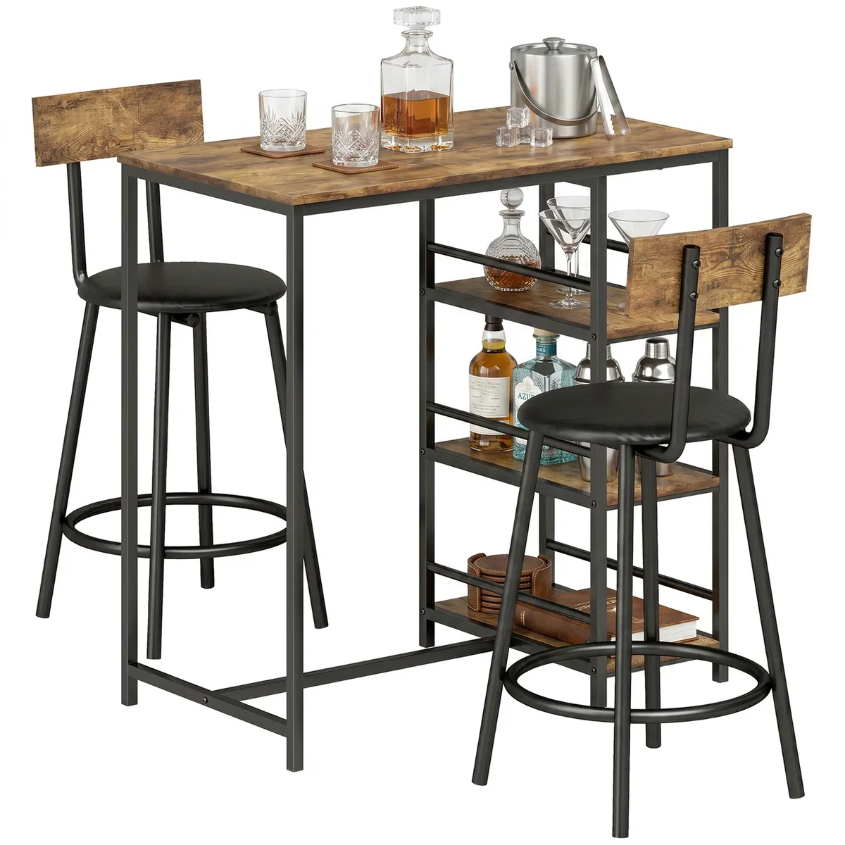 HOMCOM 3 Piece Breakfast Bar Table Set with Shelves Space Saving - Rustic Brown – image 9