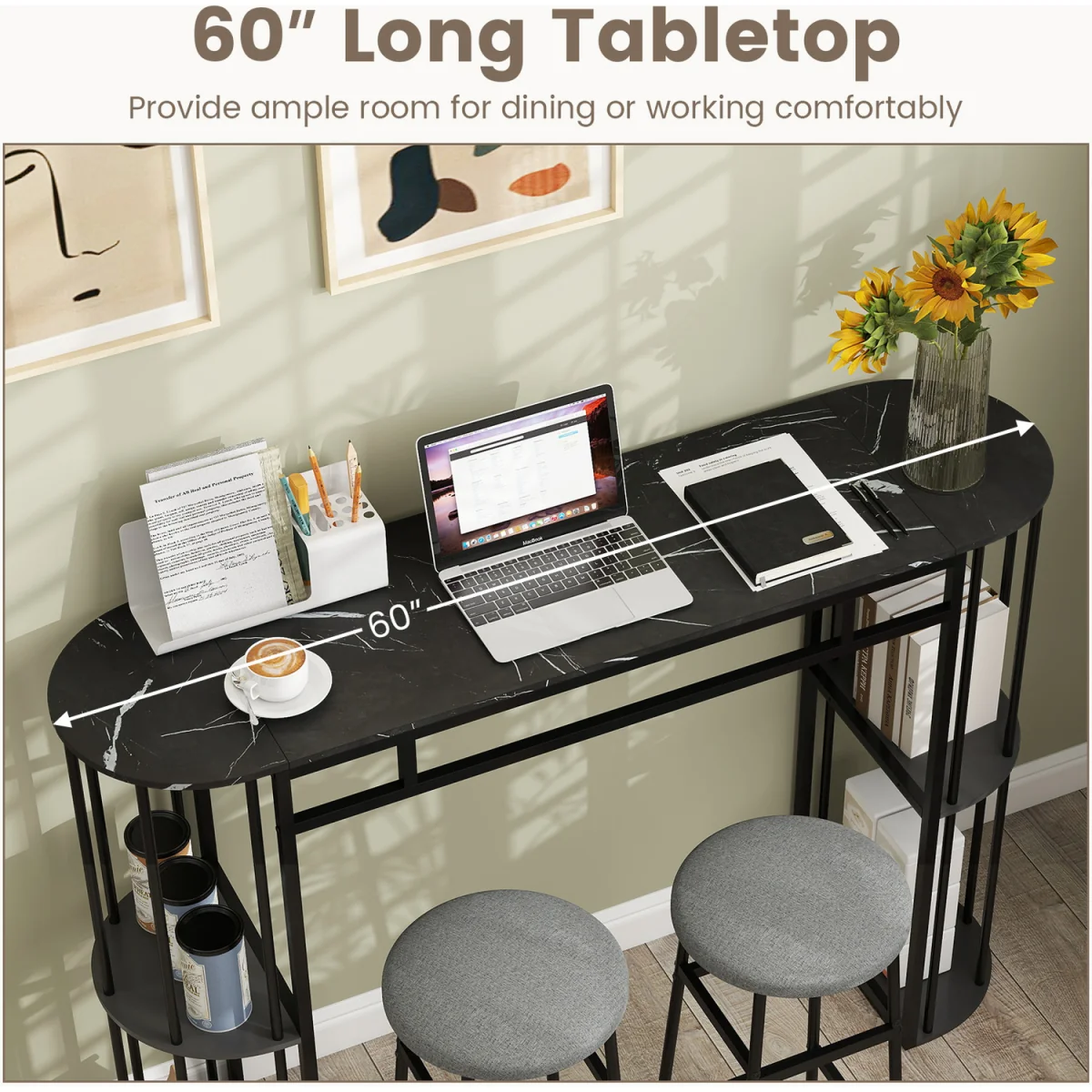 150 CM Long Narrow Pub Bar Table with Marble Tabletop-Grey - Grey – image 4
