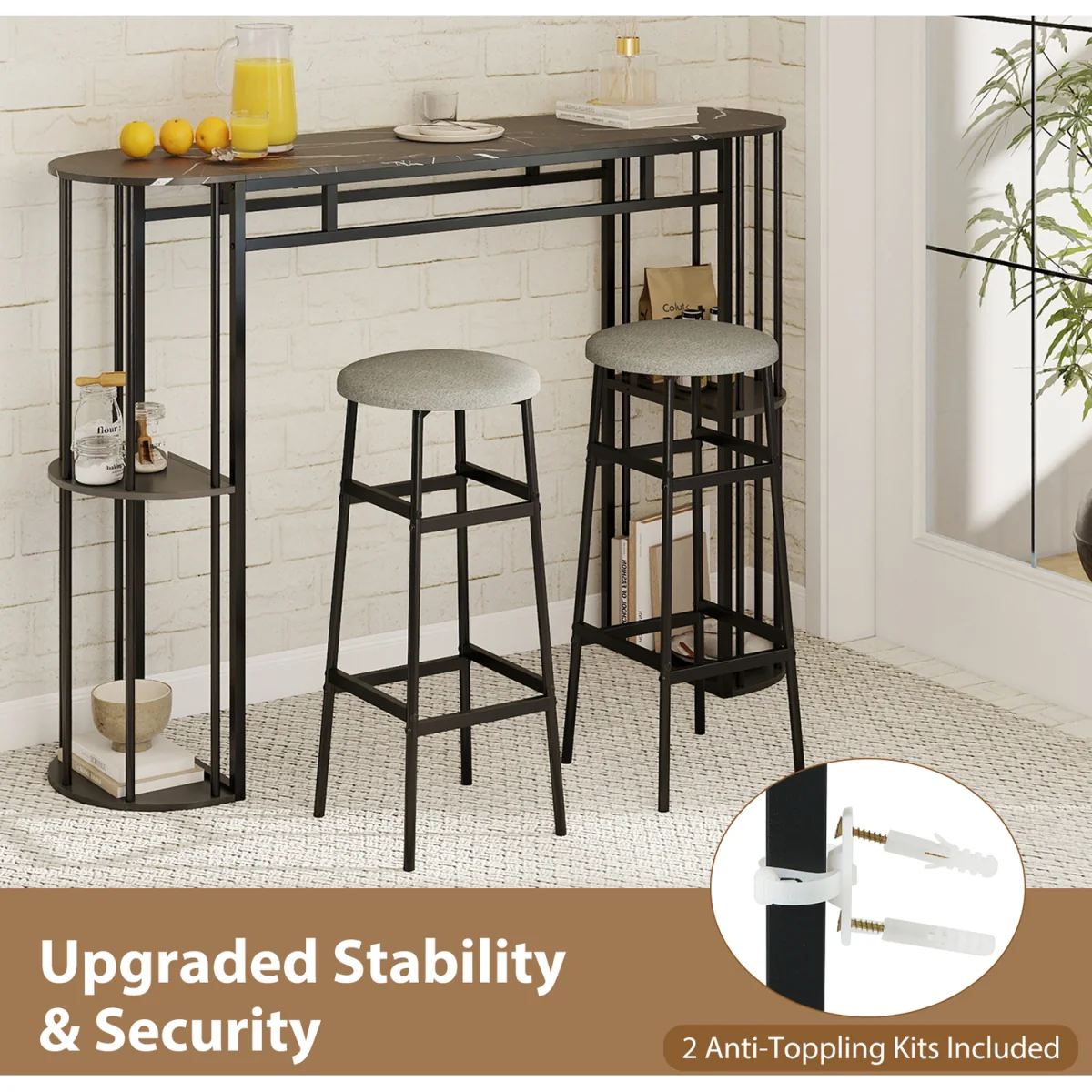 150 CM Long Narrow Pub Bar Table with Marble Tabletop-Grey - Grey – image 5