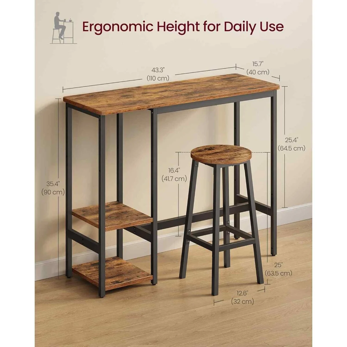 3 Piece Bar Table Set with 2 Stools, Brown & Black - Rustic Brown, Ink Black – image 2