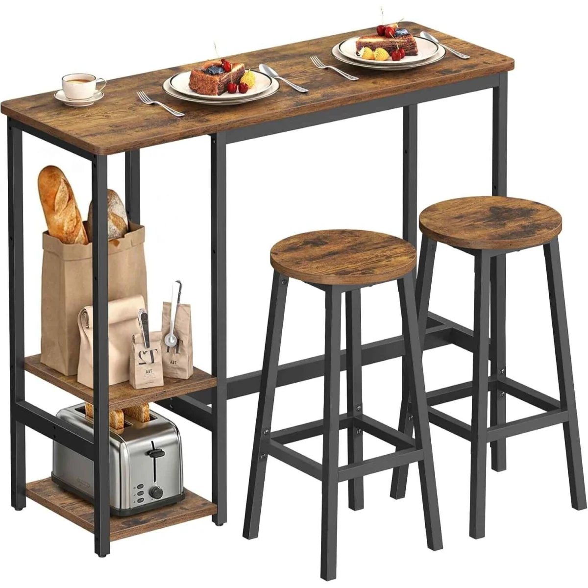 3 Piece Bar Table Set with 2 Stools, Brown & Black - Rustic Brown, Ink Black – image 3