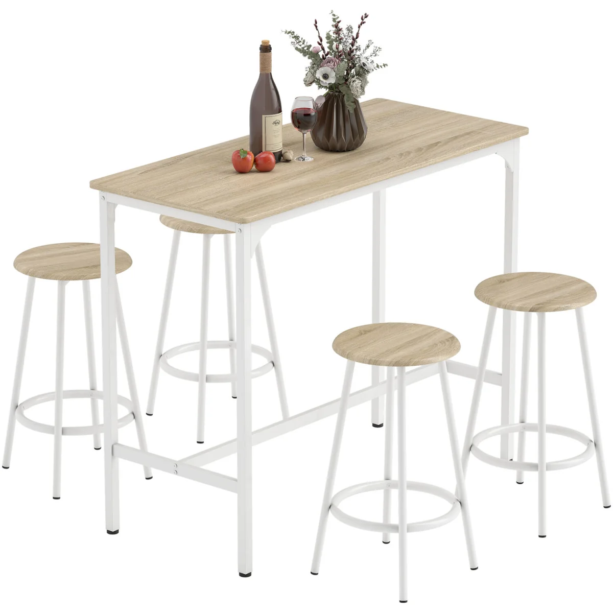 HOMCOM 5 Piece Bar Table and Stools Set with Metal Frame Natural Wood - Natural wood finish – image 2