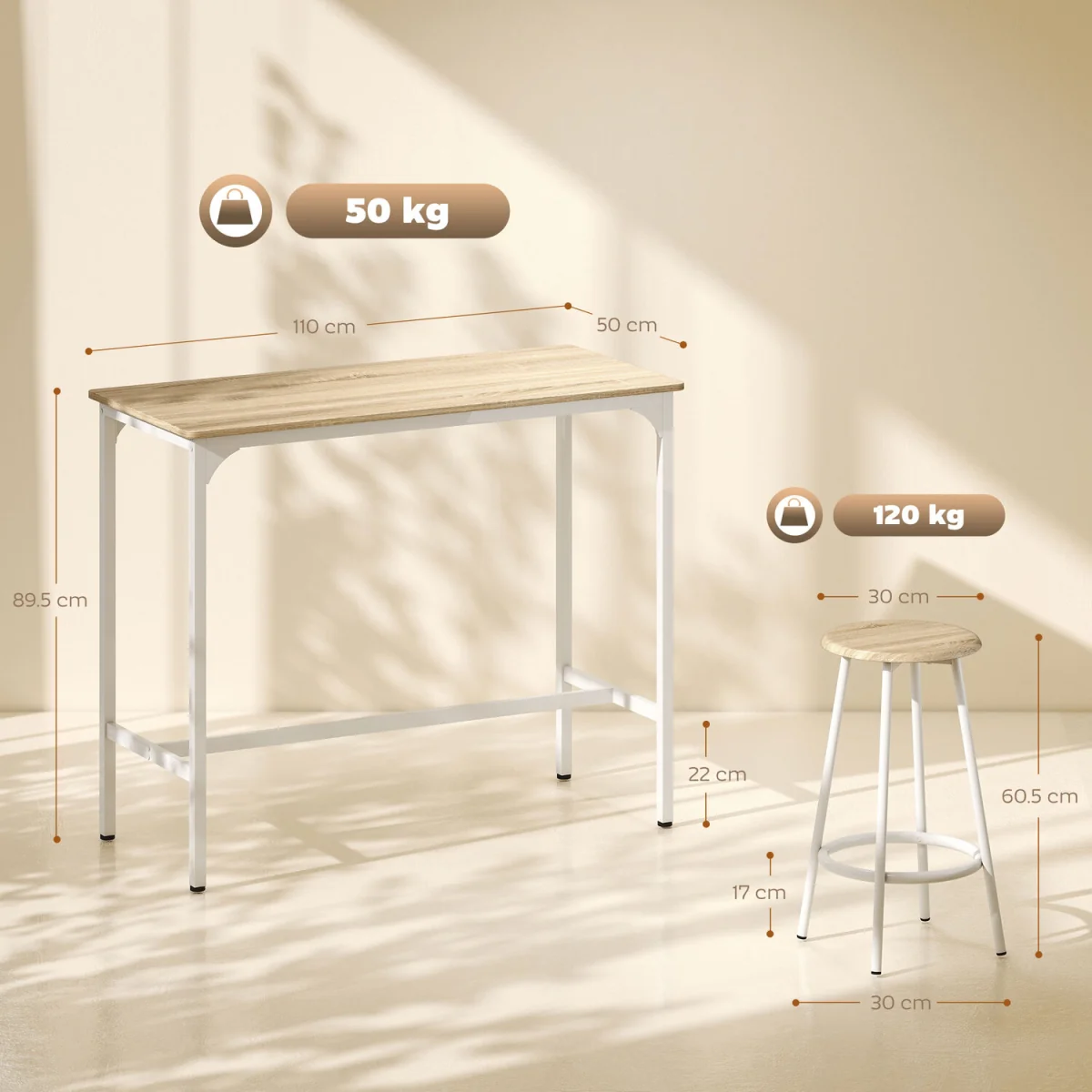 HOMCOM 5 Piece Bar Table and Stools Set with Metal Frame Natural Wood - Natural wood finish – image 3