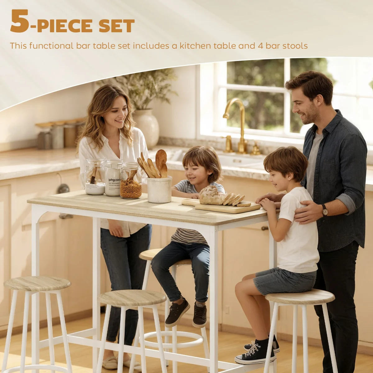HOMCOM 5 Piece Bar Table and Stools Set with Metal Frame Natural Wood - Natural wood finish – image 4