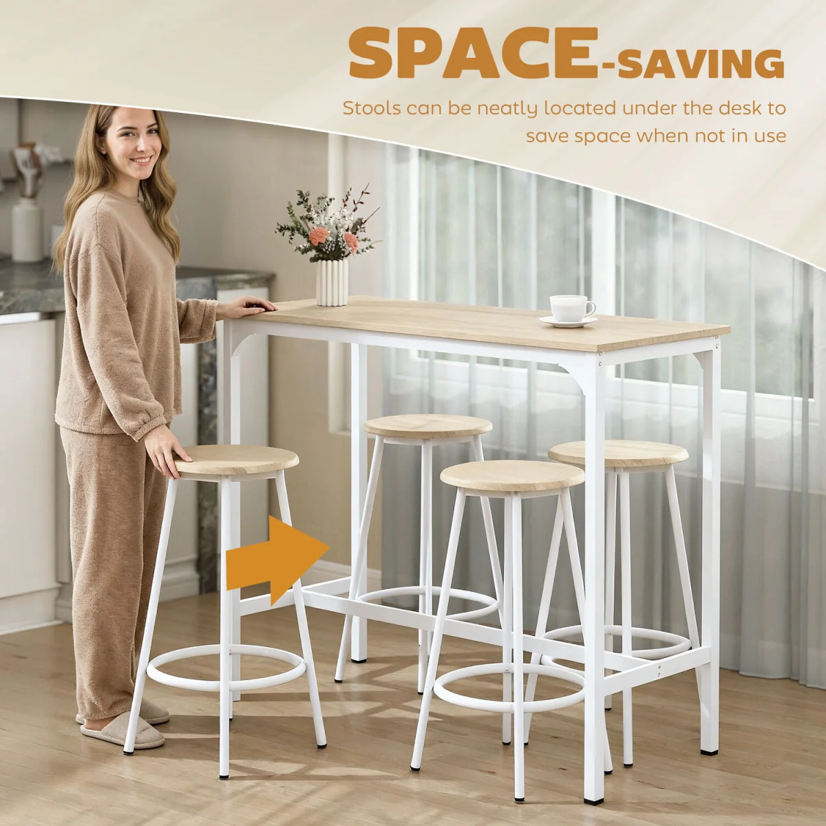 HOMCOM 5 Piece Bar Table and Stools Set with Metal Frame Natural Wood - Natural wood finish – image 5