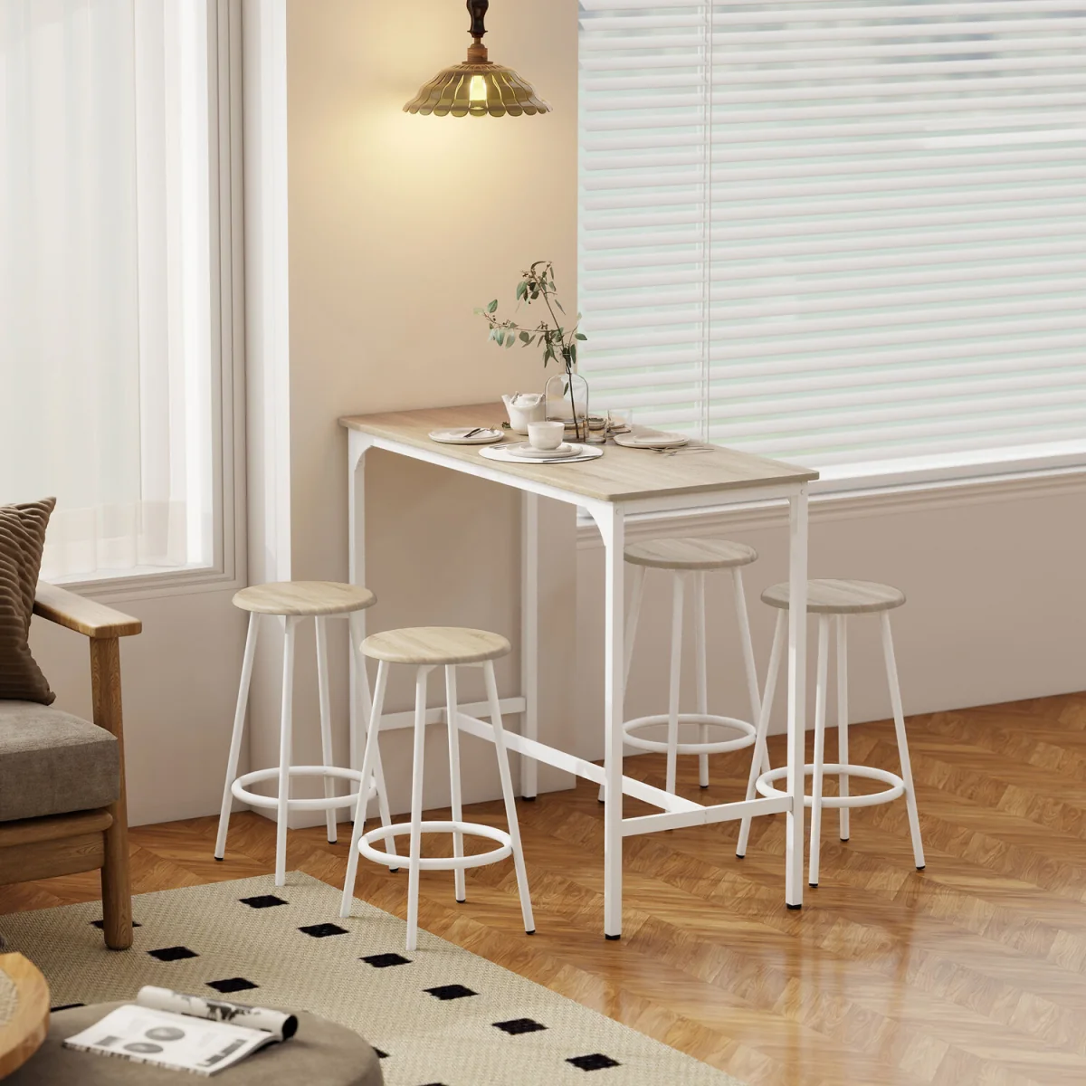 HOMCOM 5 Piece Bar Table and Stools Set with Metal Frame Natural Wood - Natural wood finish – image 8