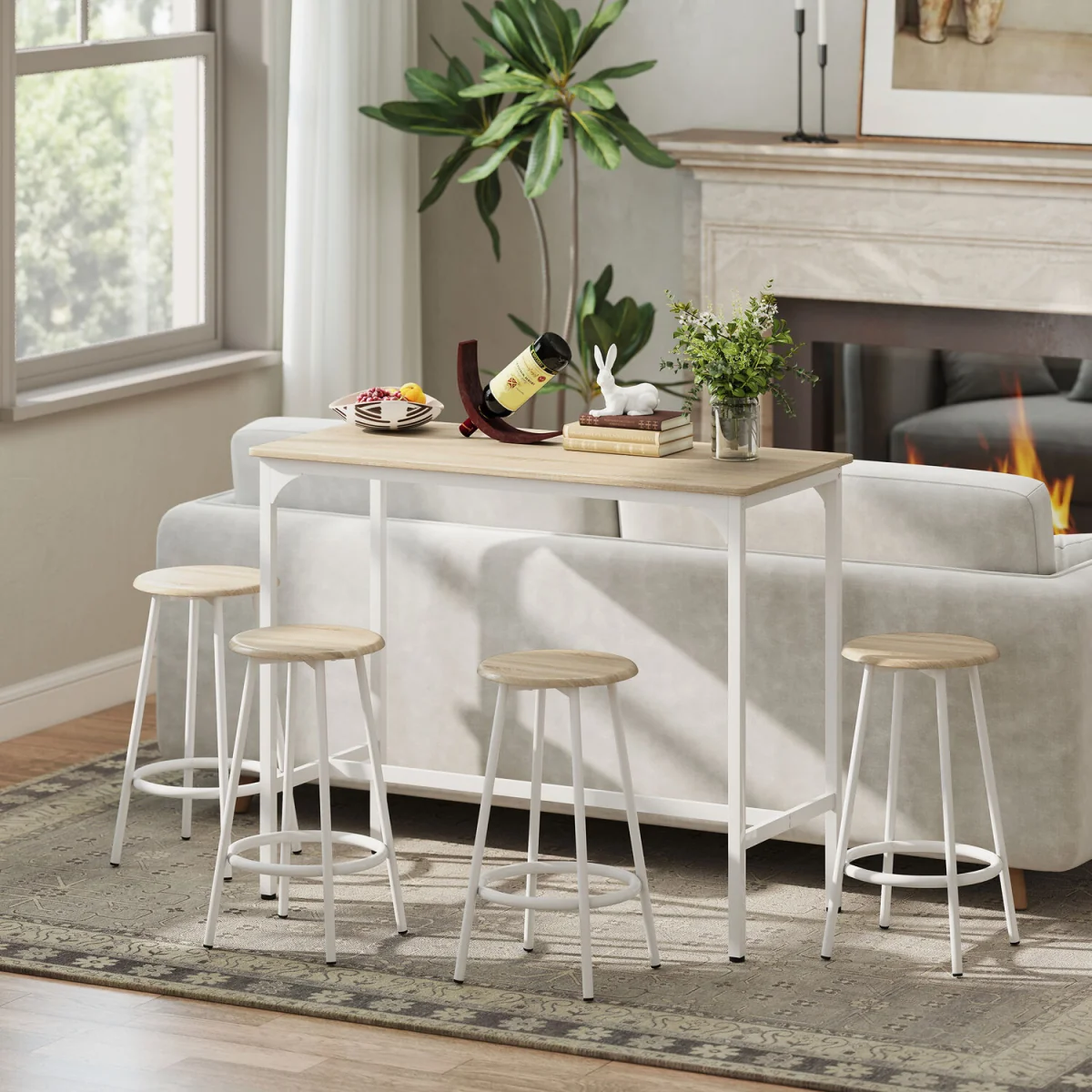 HOMCOM 5 Piece Bar Table and Stools Set with Metal Frame Natural Wood - Natural wood finish – image 1