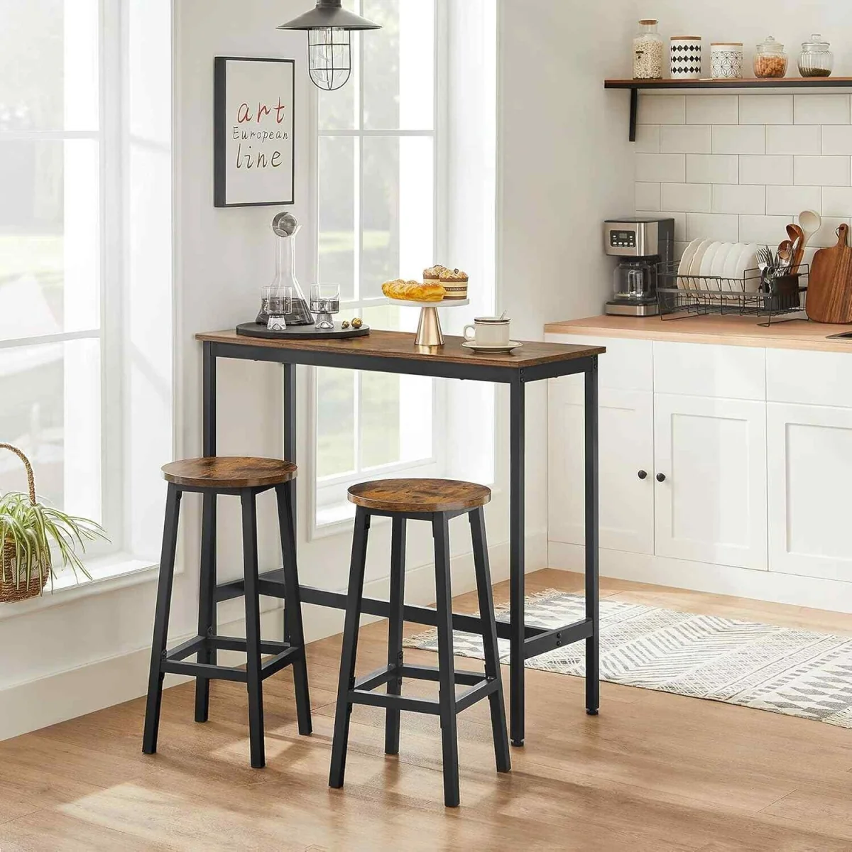 Breakfast Bar Table Set with 2 Stools, Brown & Black - Rustic Brown, Black – image 2
