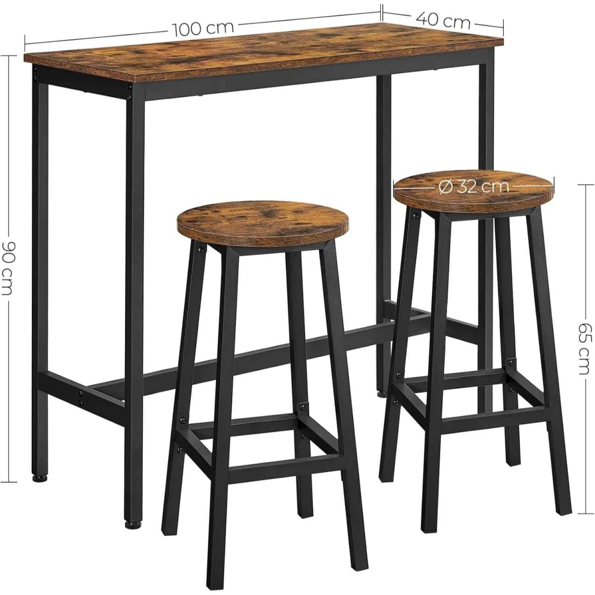 Breakfast Bar Table Set with 2 Stools, Brown & Black - Rustic Brown, Black – image 3