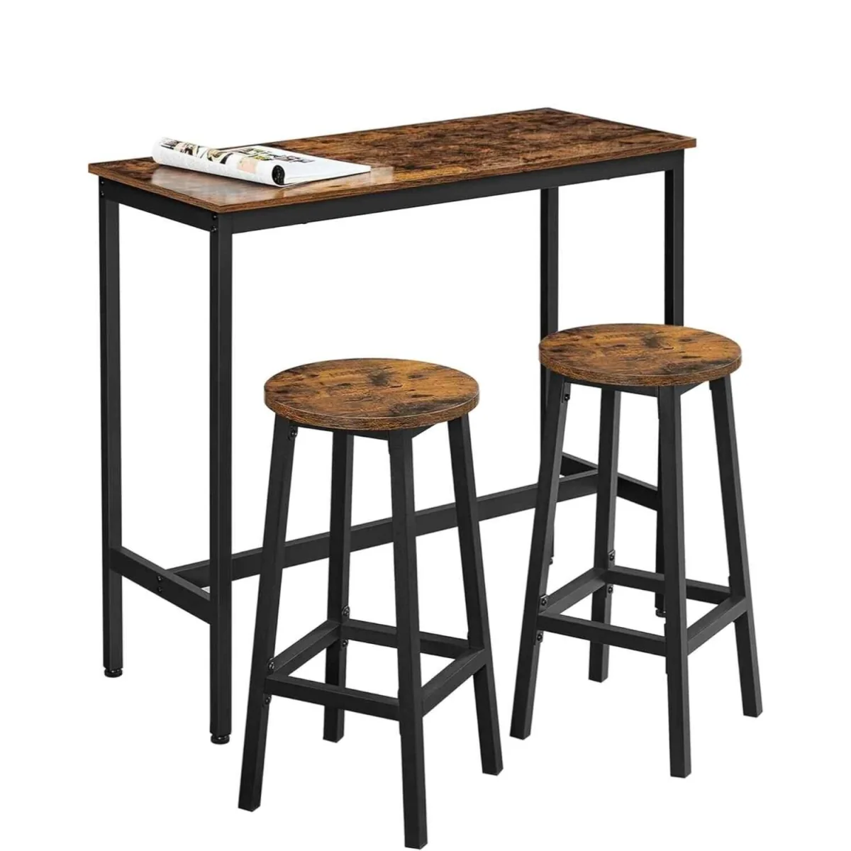Breakfast Bar Table Set with 2 Stools, Brown & Black - Rustic Brown, Black – image 4