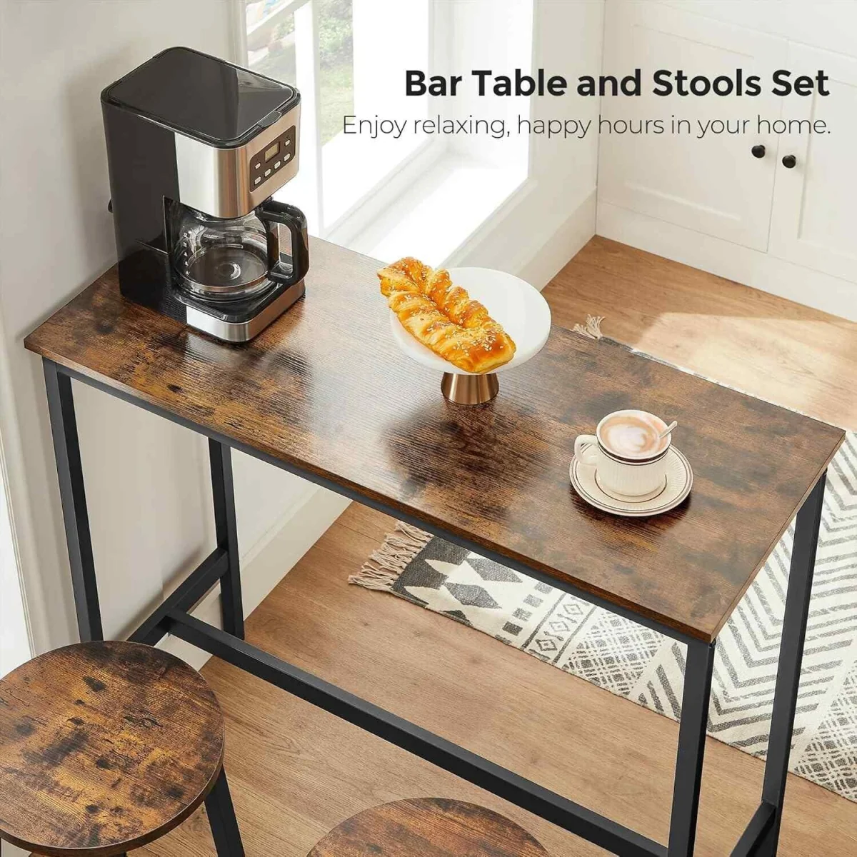 Breakfast Bar Table Set with 2 Stools, Brown & Black - Rustic Brown, Black – image 5