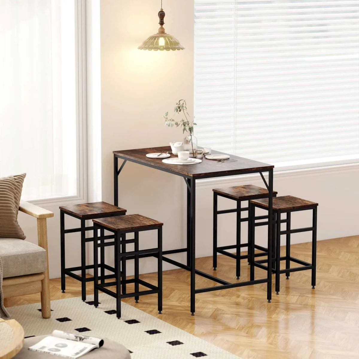 Vimose Wooden Rustic Brown 5-Piece Breakfast Bar Table and Stool Set – image 2
