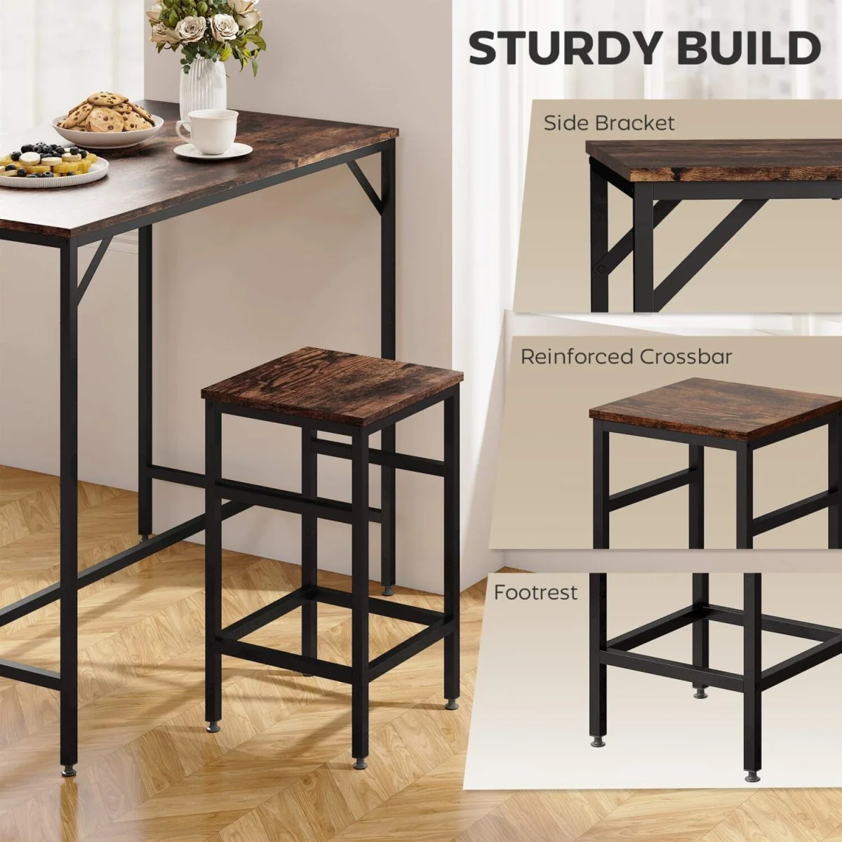 Vimose Wooden Rustic Brown 5-Piece Breakfast Bar Table and Stool Set – image 7