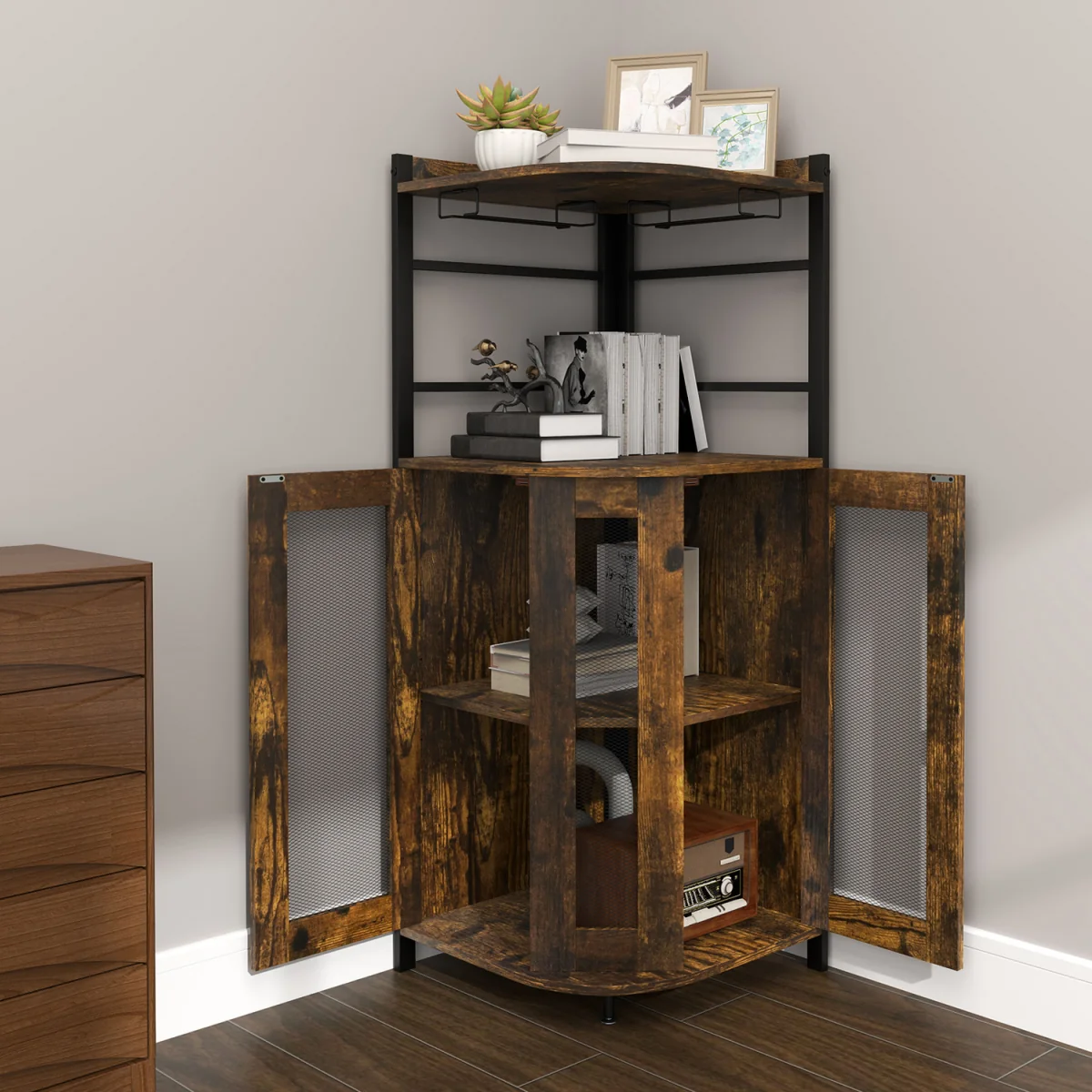 Corner Bar Cabinet with Glass Holder - Brown – image 2