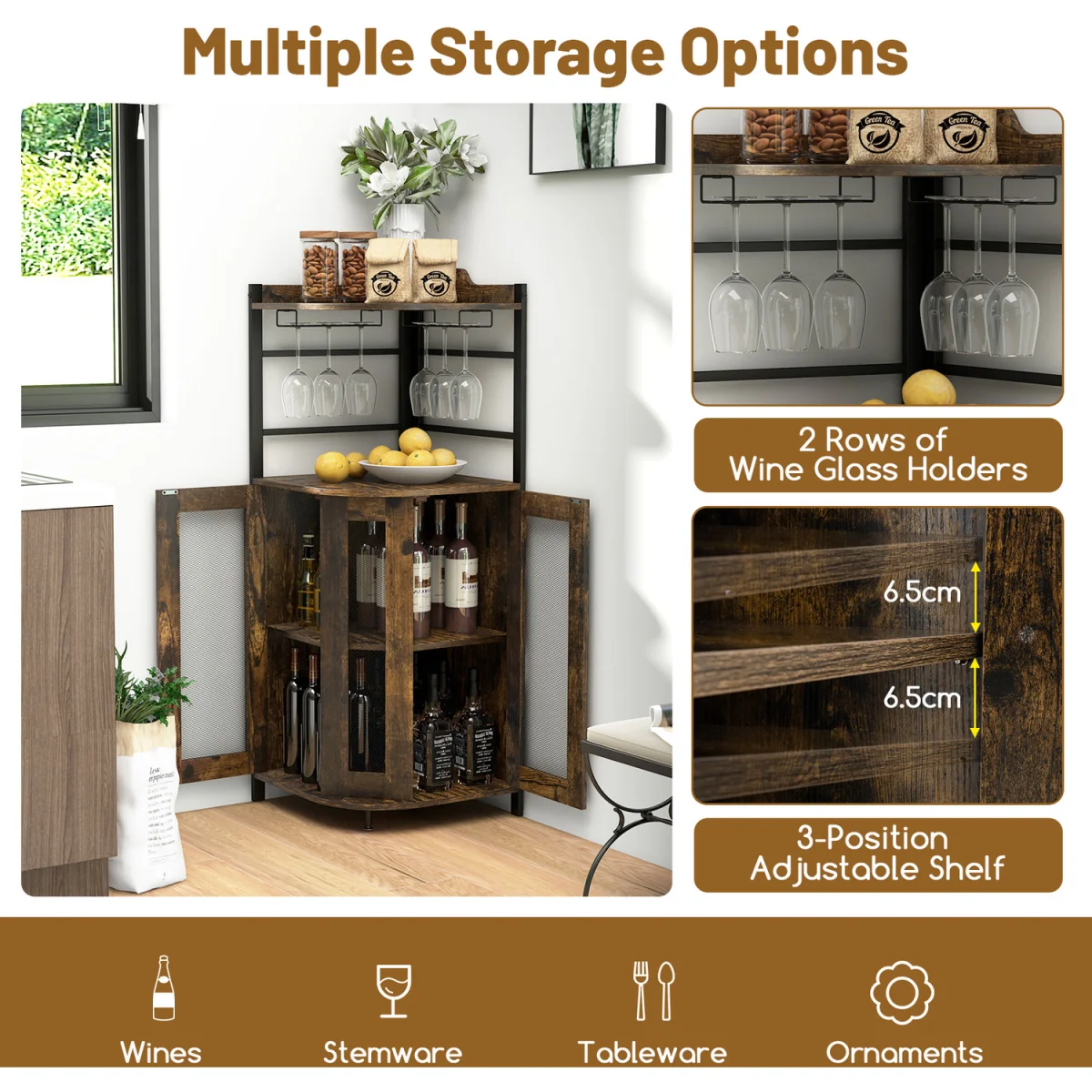 Corner Bar Cabinet with Glass Holder - Brown – image 4