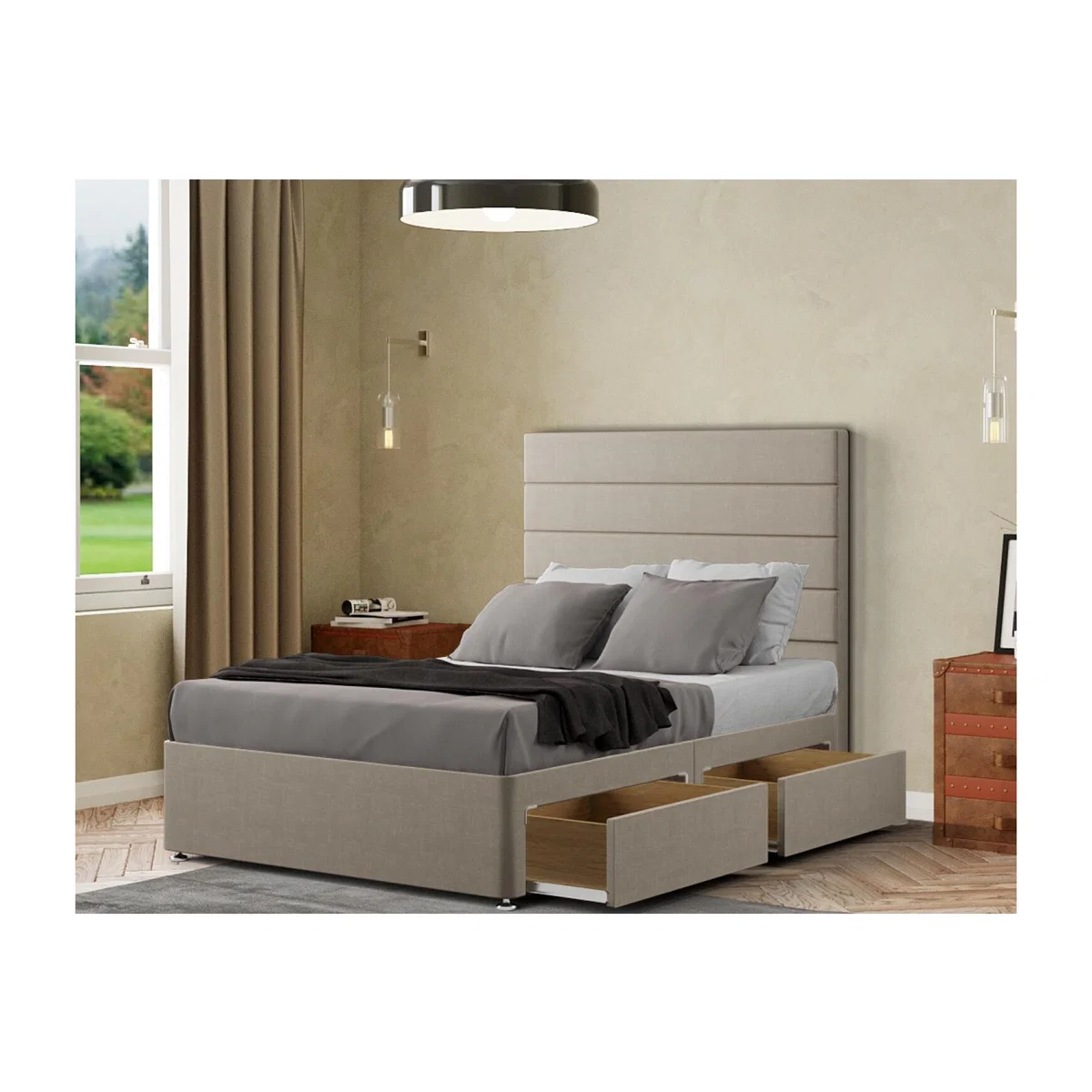 George Divan Bed 2 Drawers Floor Standing Headboard Malham Weave - Cream / Small Double – image 1
