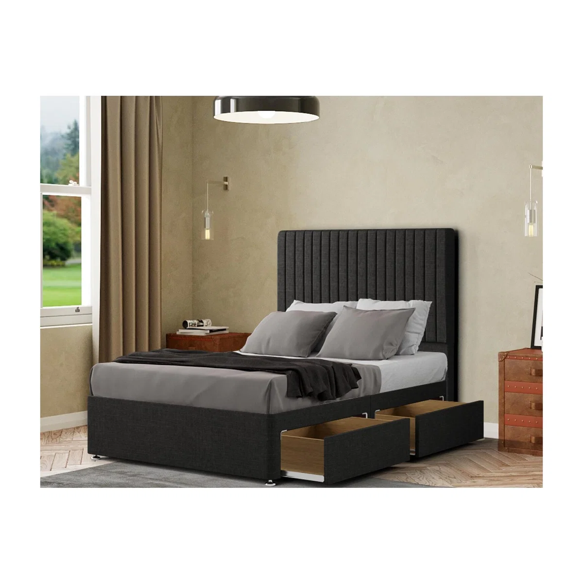 Maryland Divan Bed 2 Drawers Floor Standing Headboard Linen - Black / Small Double – image 1