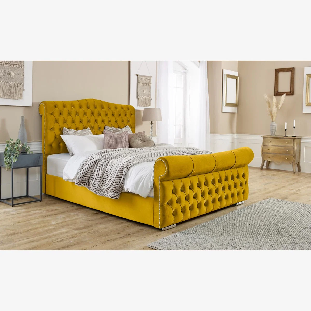 Casonova Plush 4 Inch Solid Thick Bed Frame With Chesterfield Headboard - Mustard Gold / Small Double