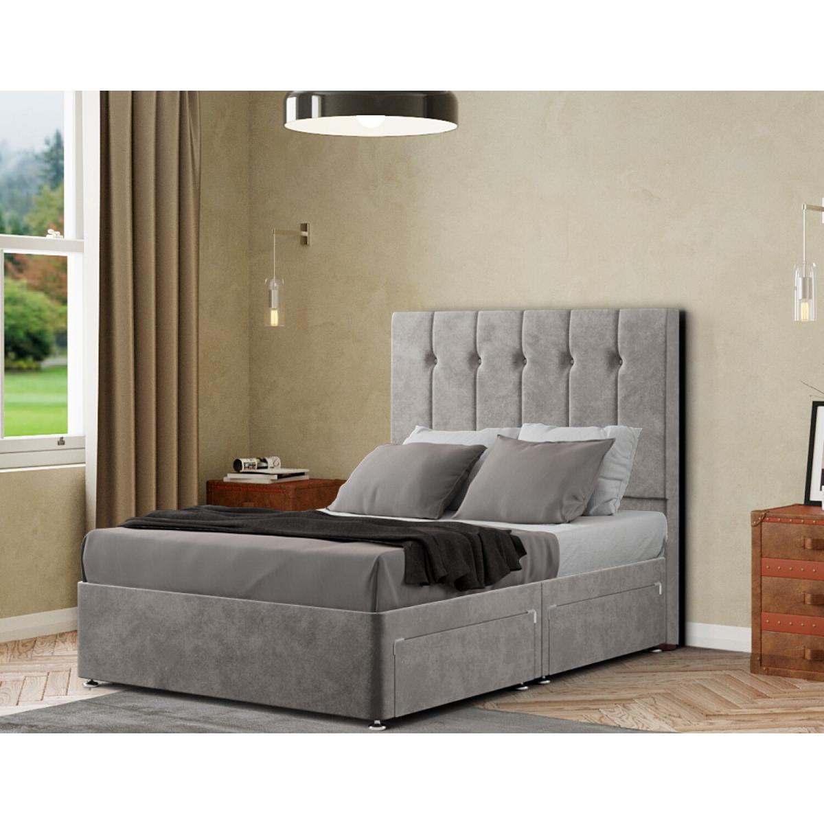 Highland Divan Bed 2 Drawers Floor Standing Headboard Matching Buttons Plush - Silver / Small Double – image 2
