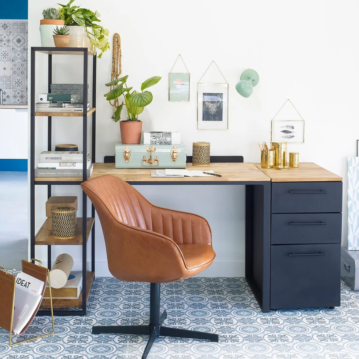 Hiba, Oak and Steel Metal Bookcase Desk – image 2