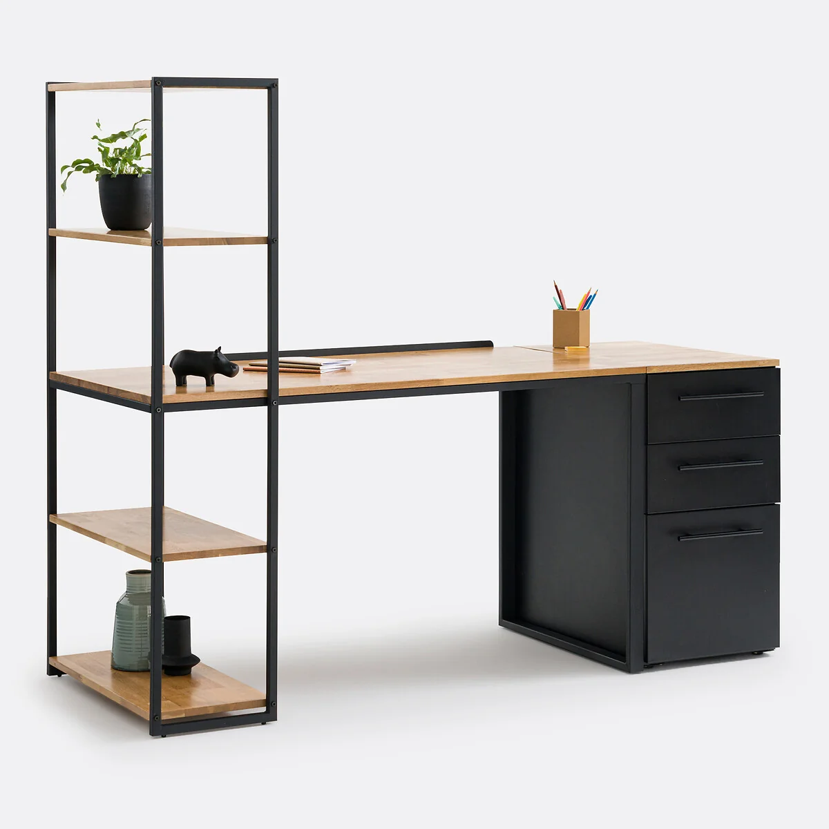 Hiba, Oak and Steel Metal Bookcase Desk – image 6