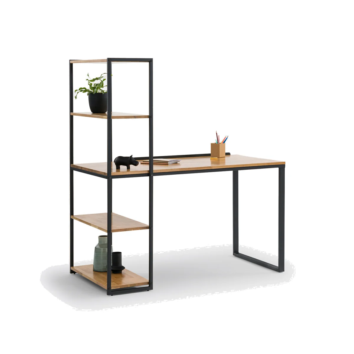 Hiba, Oak and Steel Metal Bookcase Desk – image 1