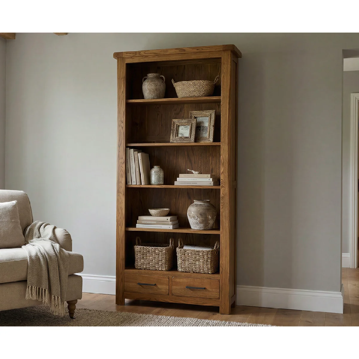 Harrogate Rustic Solid Oak Large Bookcase – image 3