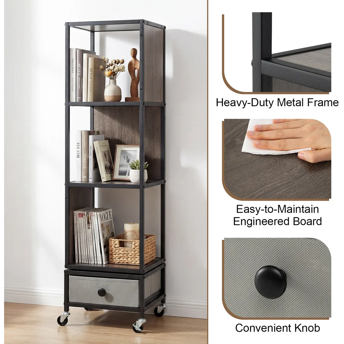 Costway 4-Tier Rotating Bookshelf on Wheels - Grey – image 3