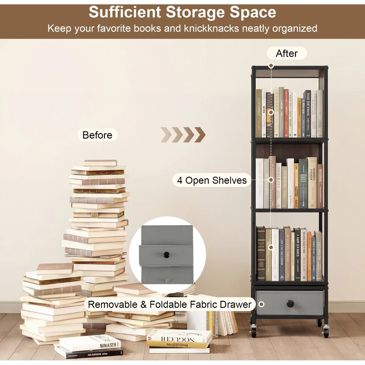Costway 4-Tier Rotating Bookshelf on Wheels - Grey – image 4