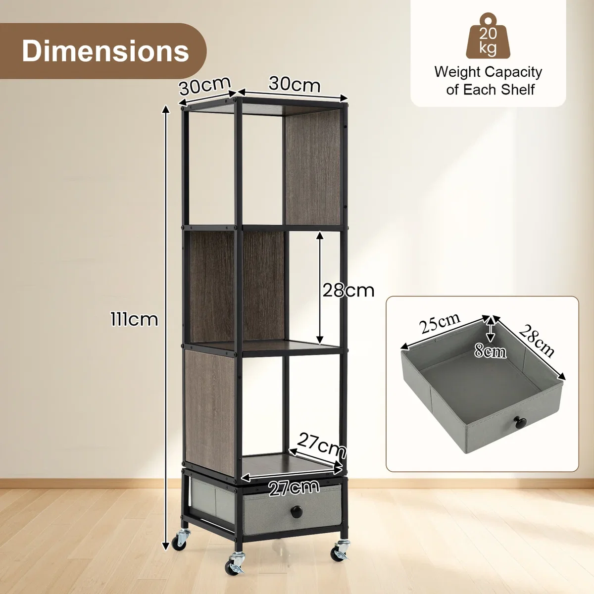 Costway 4-Tier Rotating Bookshelf on Wheels - Grey – image 7