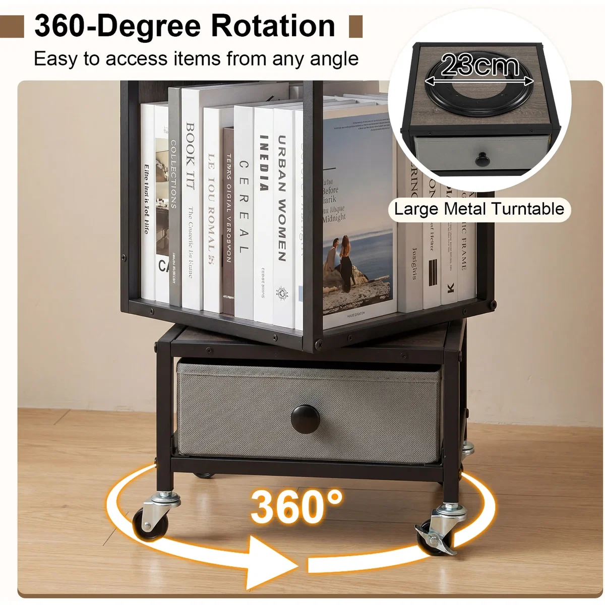 Costway 4-Tier Rotating Bookshelf on Wheels - Grey – image 8