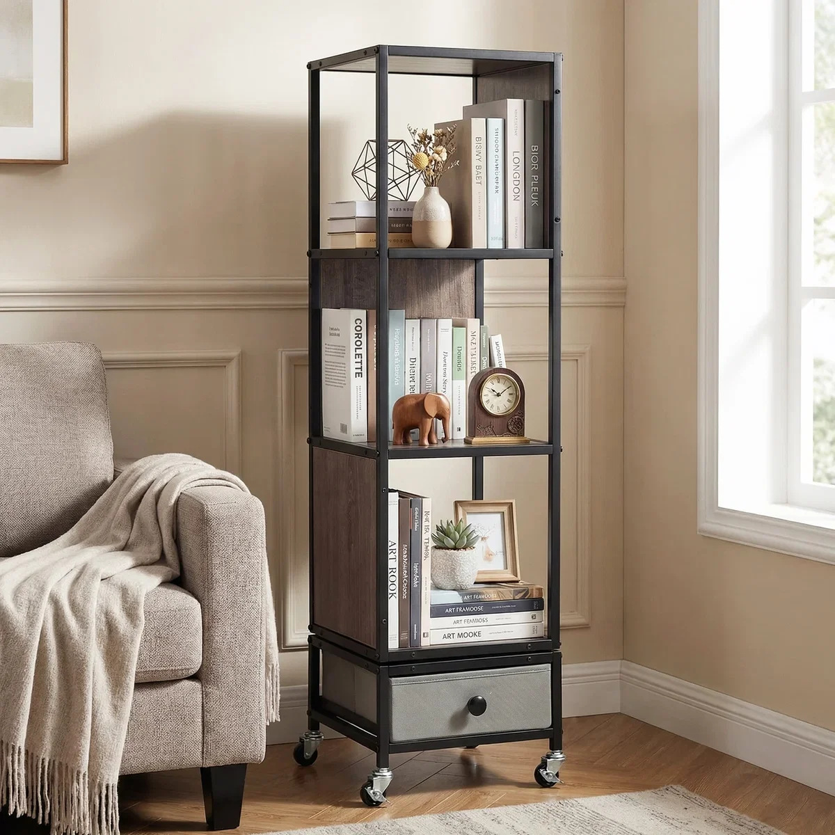 Costway 4-Tier Rotating Bookshelf on Wheels - Grey – image 9