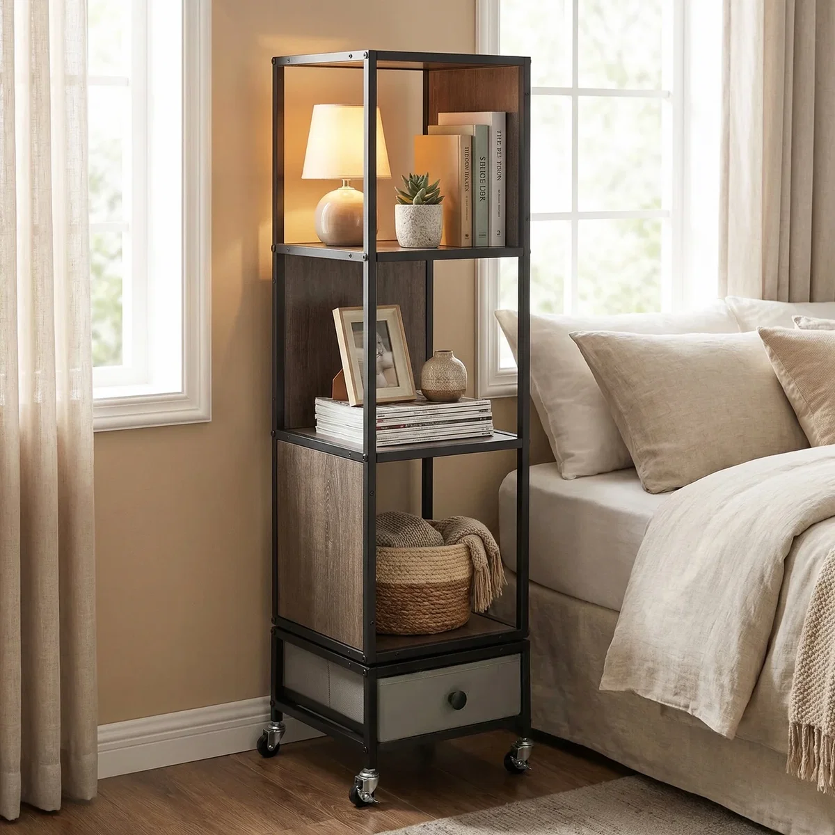 Costway 4-Tier Rotating Bookshelf on Wheels - Grey – image 1