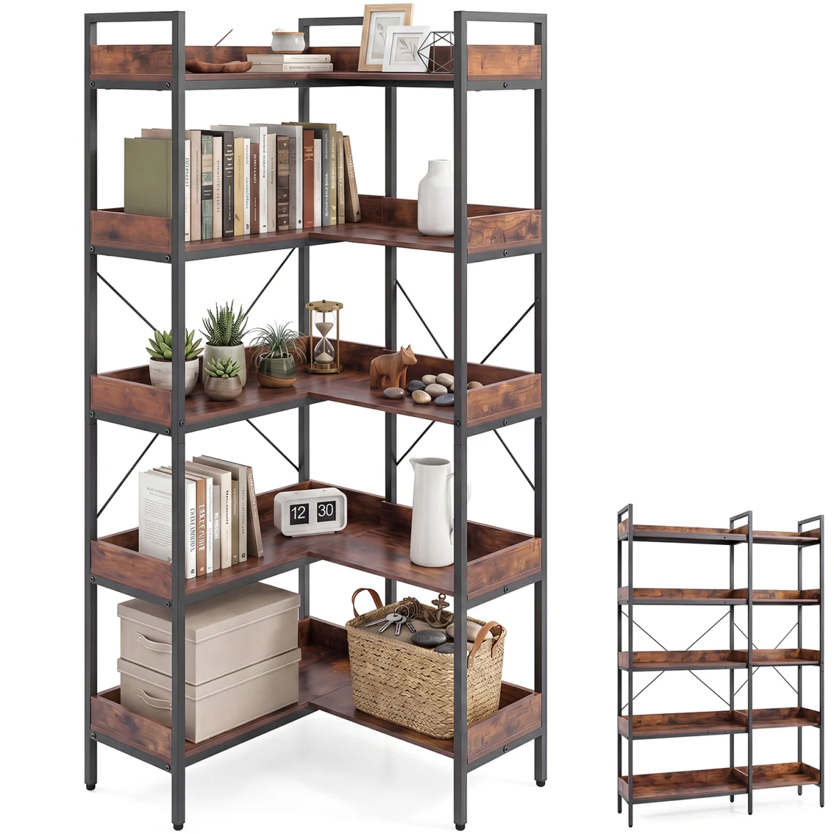 5 Tier Convertible Corner Bookshelf with Heavy duty Metal Frame - Brown – image 2