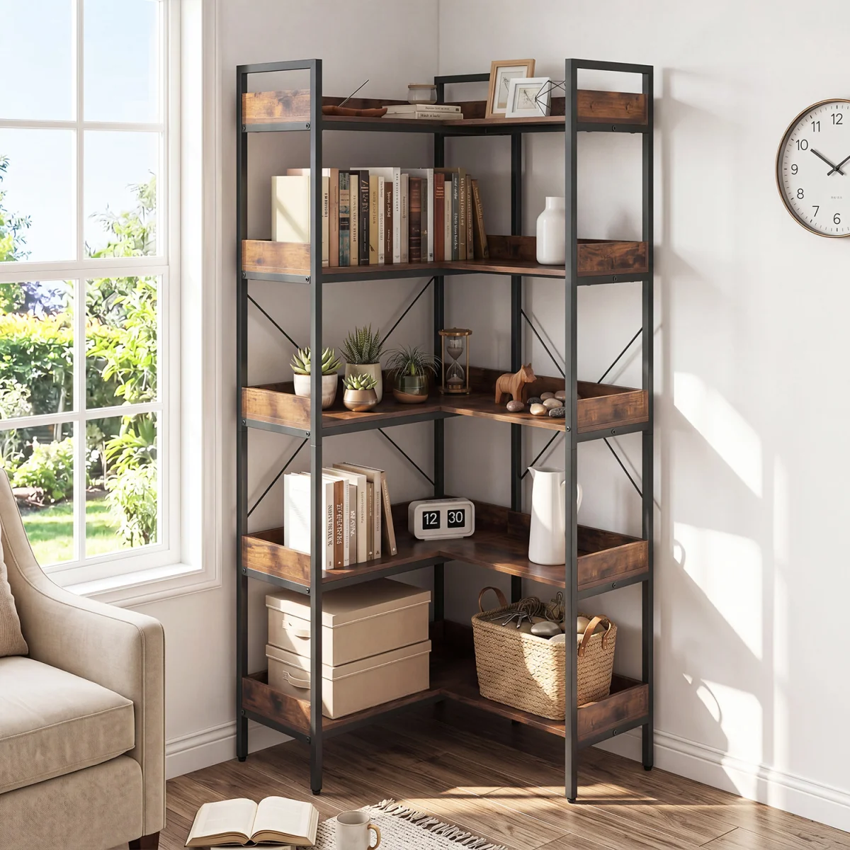 5 Tier Convertible Corner Bookshelf with Heavy duty Metal Frame - Brown – image 3
