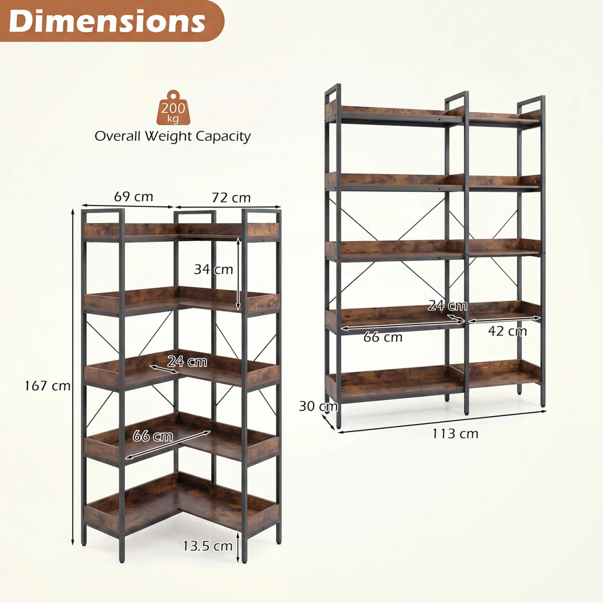 5 Tier Convertible Corner Bookshelf with Heavy duty Metal Frame - Brown – image 4
