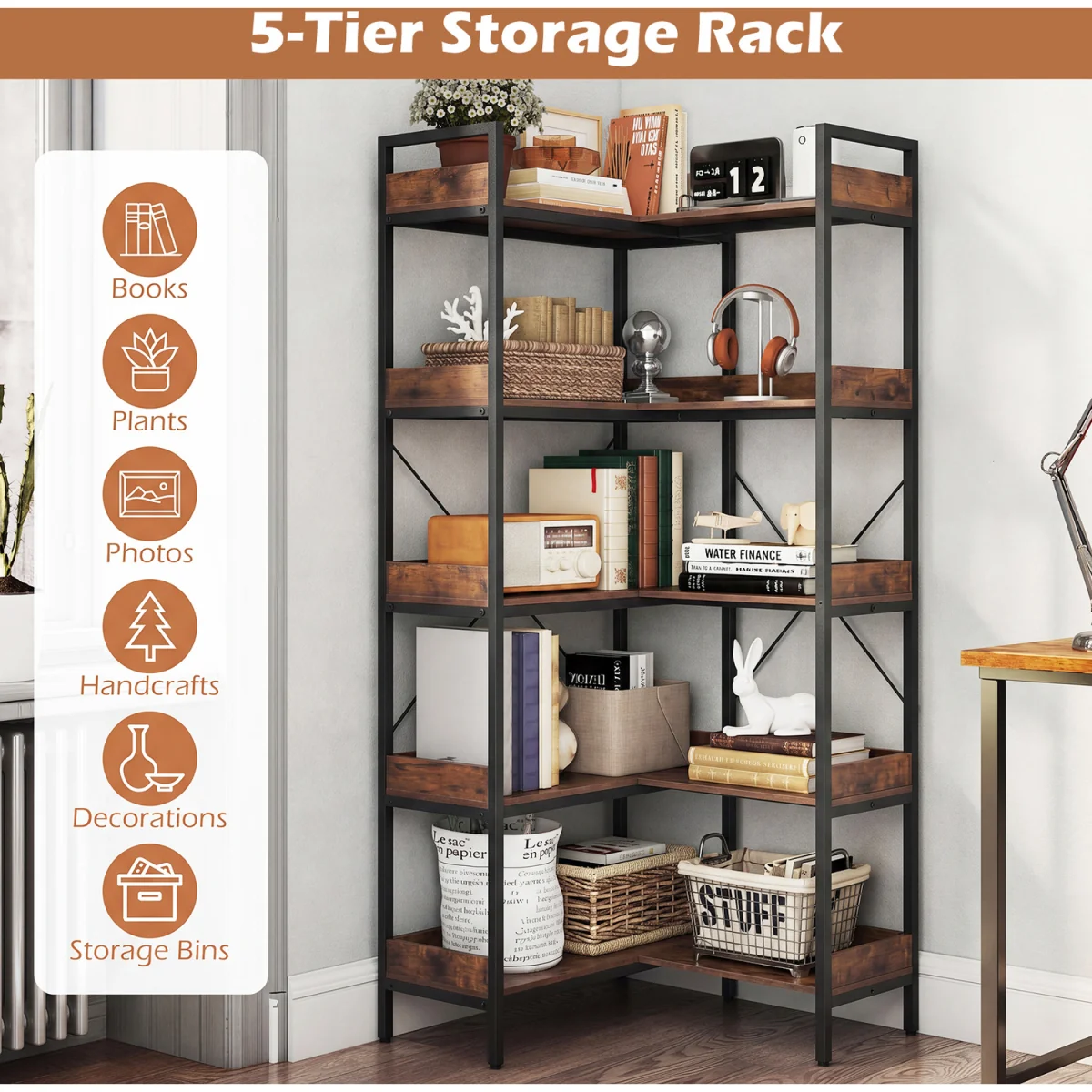 5 Tier Convertible Corner Bookshelf with Heavy duty Metal Frame - Brown – image 5