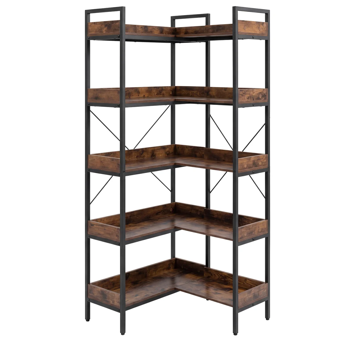 5 Tier Convertible Corner Bookshelf with Heavy duty Metal Frame - Brown – image 7