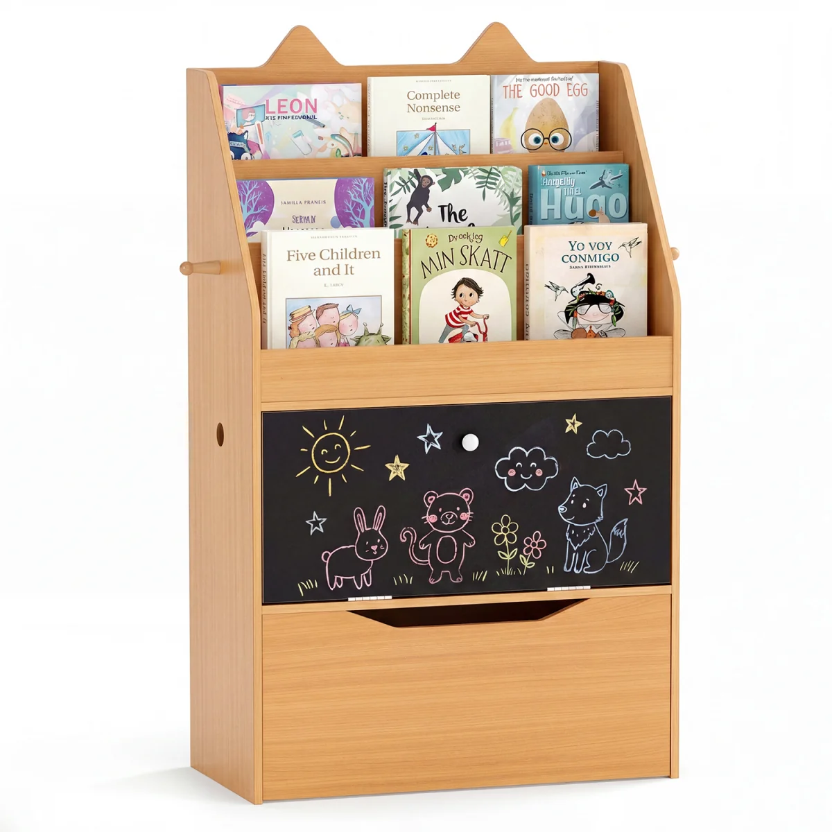 Toddler Book Rack with Movable Storage Drawer - Natural – image 2